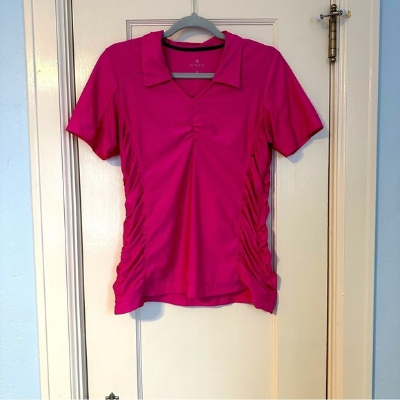 Athleta Top Birdie Rouched Collar Short Sleeves V-neck Pink Tennis Golf Size M - Picture 2 of 9